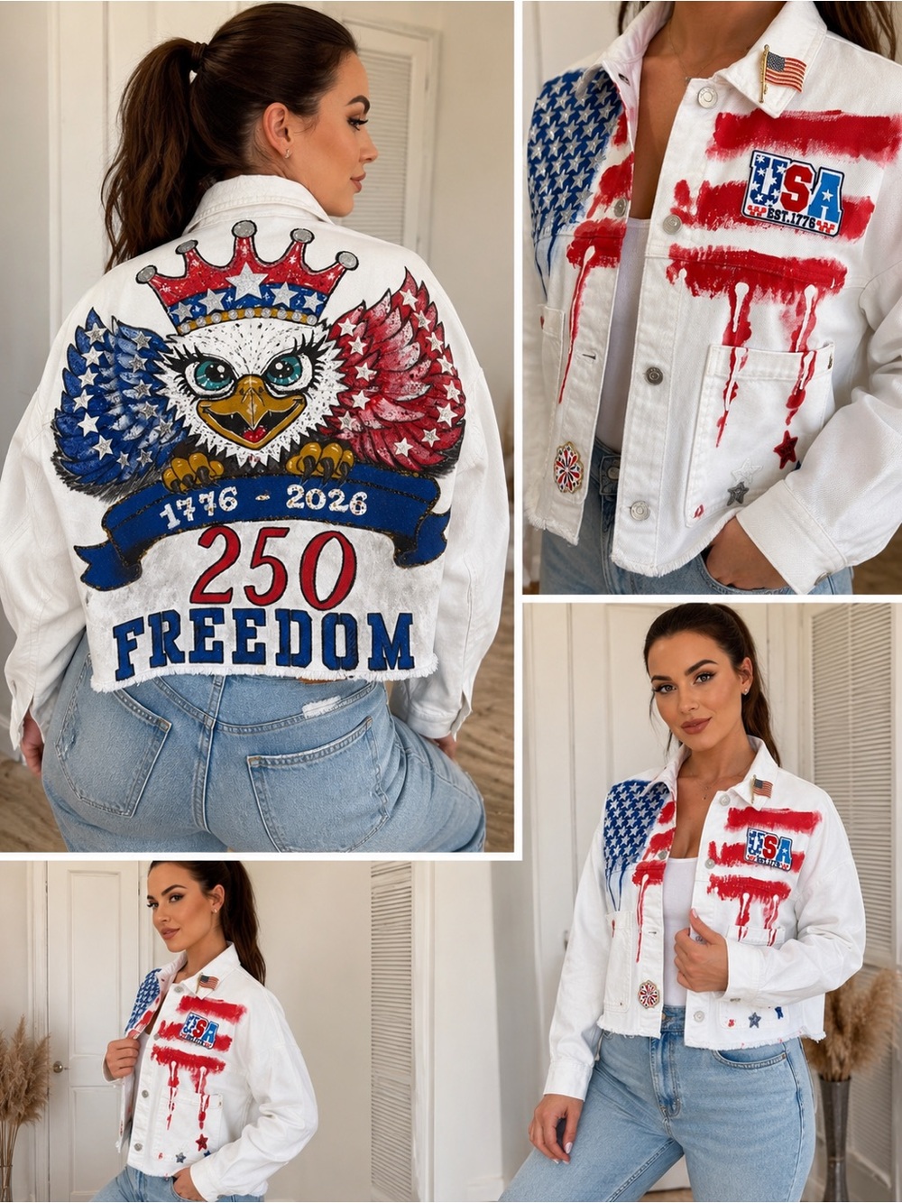 White Patriotic Eagle Graphic Denim Jacket - Freedom 250